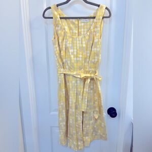 Calvin Klein Pale Yellow:Pale Grey/White Polka Dot Pleated Midi Dress Size 8
